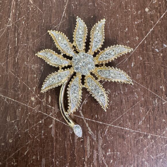 Emmons Silver Tone White Rhinestone Flower Floral Stem Brooch Pin - Picture 1 of 4